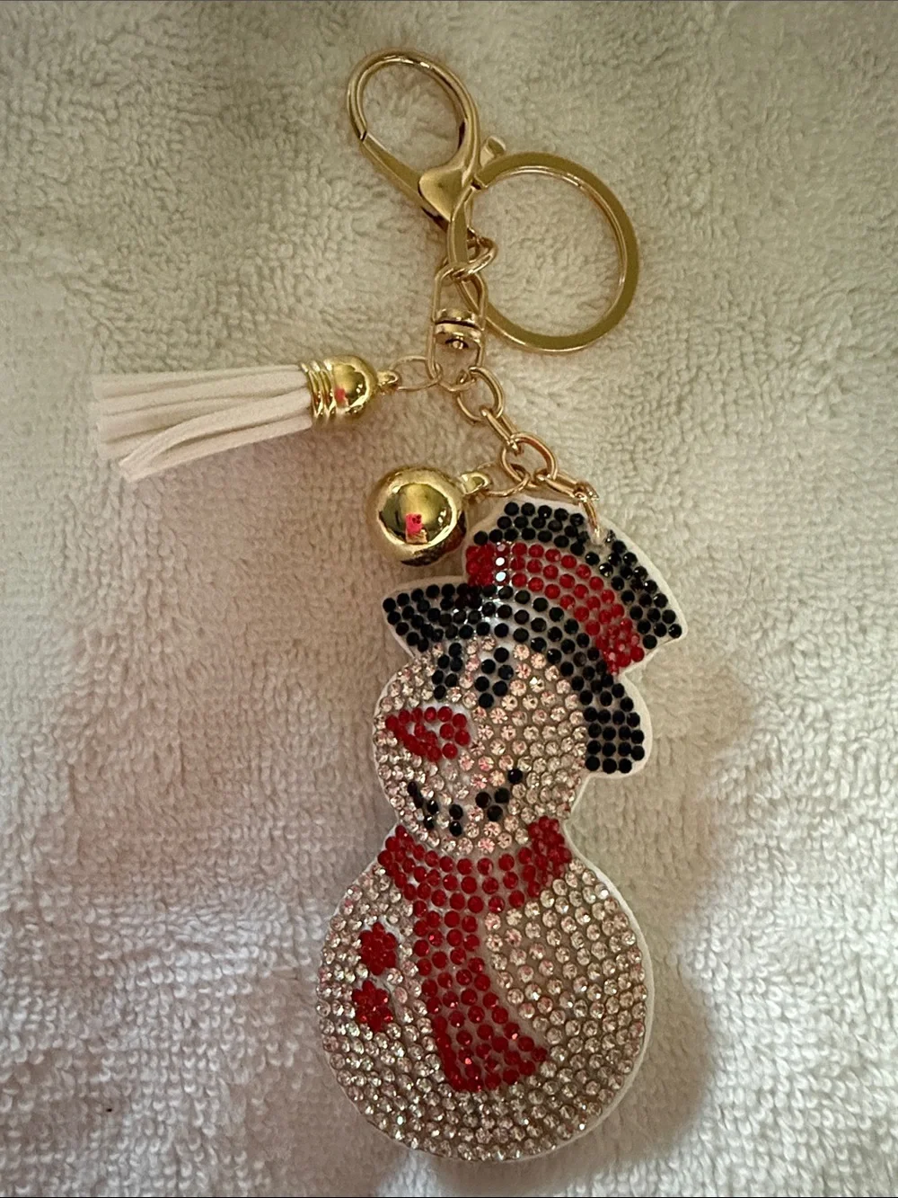 Crystal Snowman Keychain Charm with Tassel - Gold Hardware, White & Red